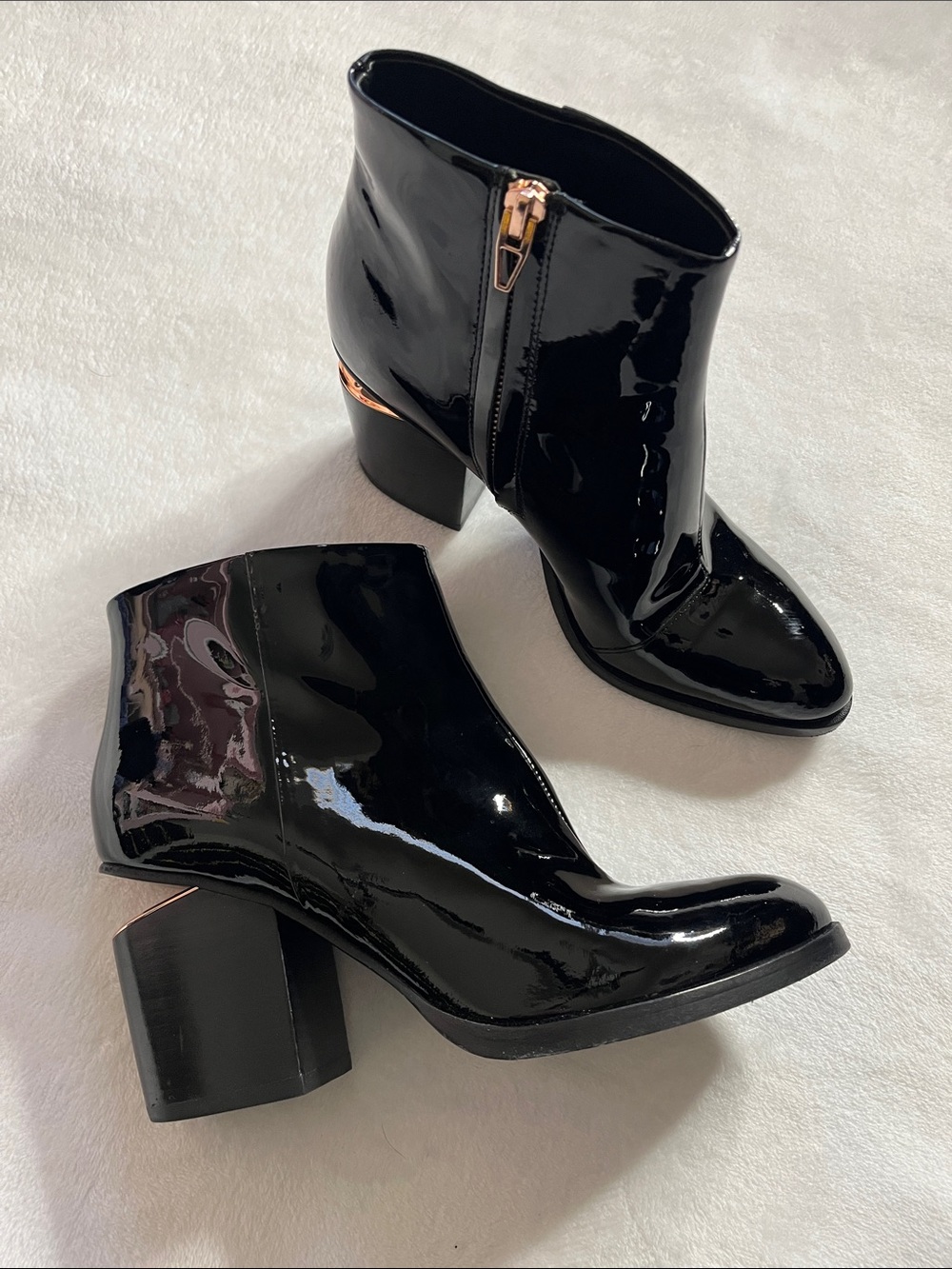 Alexander Wang 7.5 Black Patent leather Gabi Boots cut out block heel rose gold